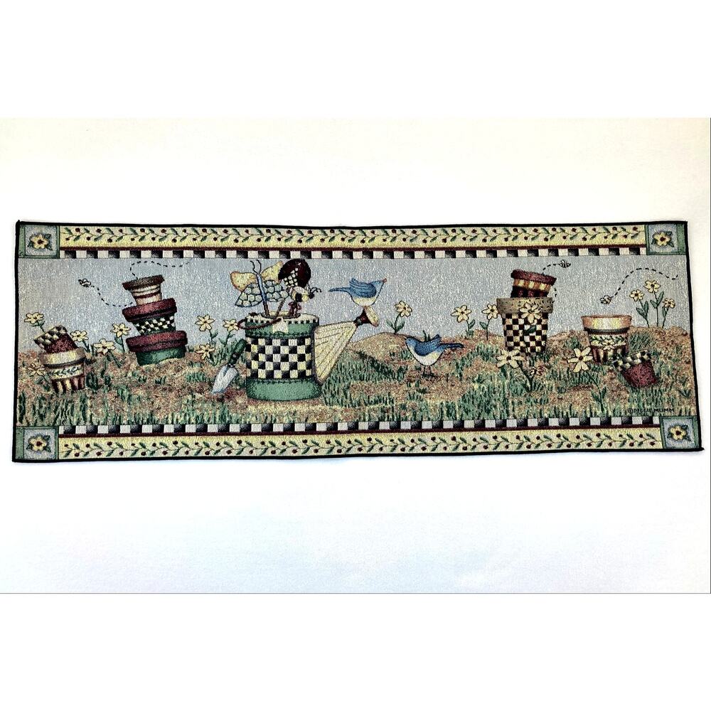 Debbie Mumm Table Runner Flowers Pots Watering Can Birds Bees Tapestry 13"x36"